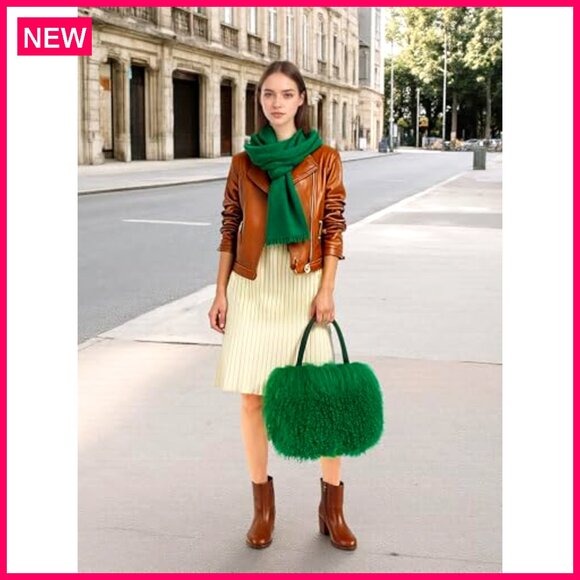 Real Lamb Fur Tote Bag with Leather Handles, Evening Clutch - Picture 4 of 8